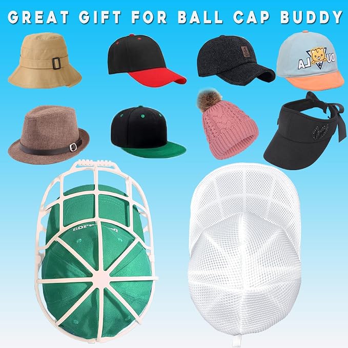 Hat Washer Cage for Washing Machine (2 Pack - White) | Baseball Cap Washer with Mesh Bags, for Washing Machine or Dishwasher, Ball Cap Washers Frame for Flat & Curved Hats