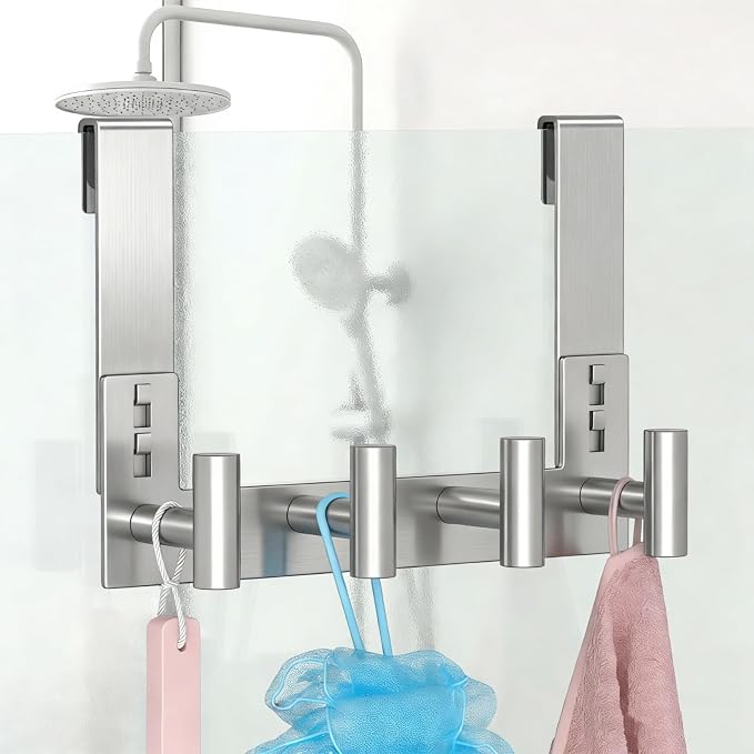 PMMASTO Long Shower Hanger for 3/8 Inch Glass, Silver- 4 Hooks, T Shape | Stainless Steel Hooks Organize Towels And Robes on Frameless Glass Shower Doors in Bathrooms