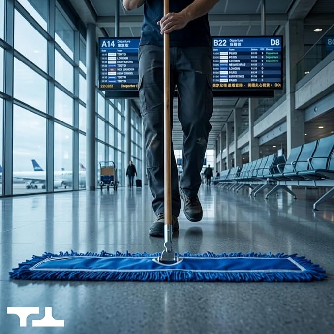 Commercial Floor Sweeper, 48 in. Reusable Mop Head, Wooden Handle, Industrial Dry Mop for Hardwood Floors, Blue