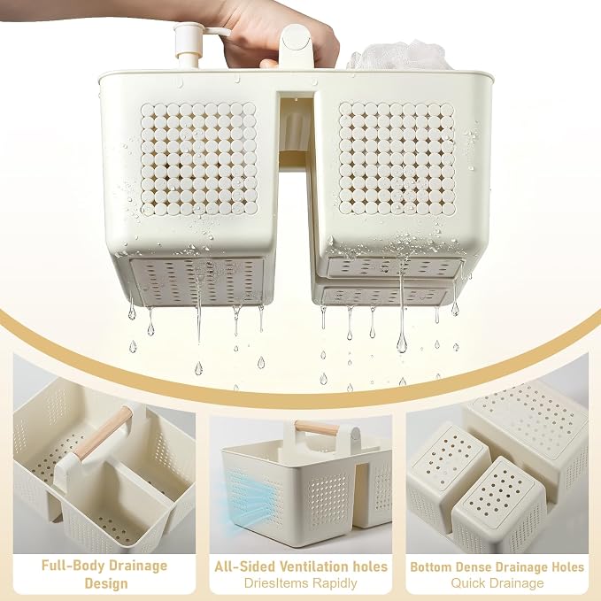 Portable Shower Caddy Basket Plastic Caddy Organizer with Handle Beige | Sturdy Drainage Large Capacity Cleaning Supplies Caddy Tool Storage for Bathroom Kitchen Bedroom College Dorm Essentials
