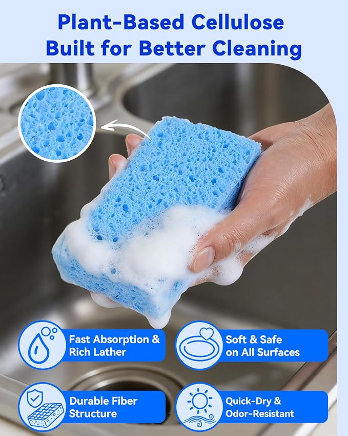 Temede 12-Count Cellulose Sponges, Heavy Duty Kitchen Sponges, Non-Scratch | Pop-Up Compressed Cellulose Dish Sponges, with a Durable and Firm Texture for Cookware, Bathroom and Household Cleaning