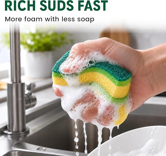 12 PCS Sponges Kitchen, Non Scratch Scrub Sponges for Washing Dishes, Green | 3-Layer Kitchen Sponge, Dual-Sided Cleaning, Rich Suds Fast, Easy-Grip Design, Easy Rinse & Quick Clean, 12 Pack Value