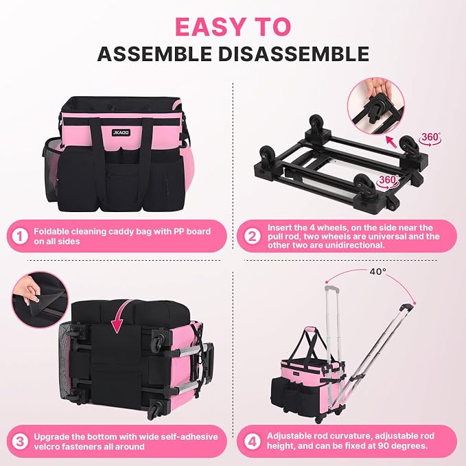 JKAOO Large Rolling Cleaning Caddy Bag with Detachable Trolley, Pink | Waterproof Cleaning Caddy with Wheels, 40L Wheeled Organizer Cart for Supplies, Housekeepers, Home, Office, Car, Picnic