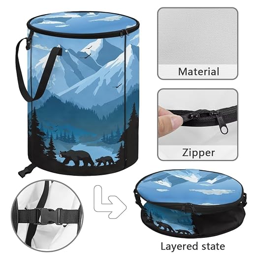 Snowy Mountains Bear Outdoor Trash Can with Lid 20+ Gallon Collapsable Trash Can Camping Large Capacity Design Garbage Bags for Rv, Backyard, Picnic