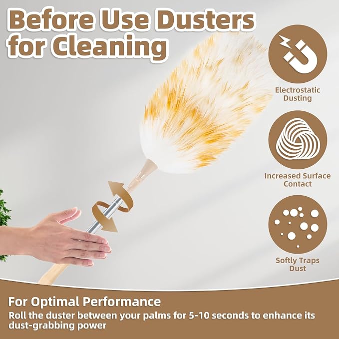 LOVECO Lambs Wool Dusters for Scratch-Free Cleaning Extendable 29-49 Inch | Includes: Sticky Hooks×2, Small Duster×1, Electrostatic Dusters Suitable for Office, Home, Car
