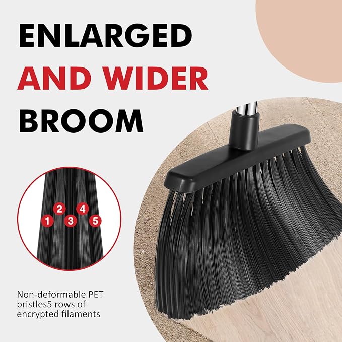 Heavy Duty Broom, 55 Inch Long Handle Outdoor Large Angle Brooms, Commercial Broom for Sweeping Indoor, for Home Garage Kitchen Office Courtyard Lobby Patio Lawn Concrete，Black