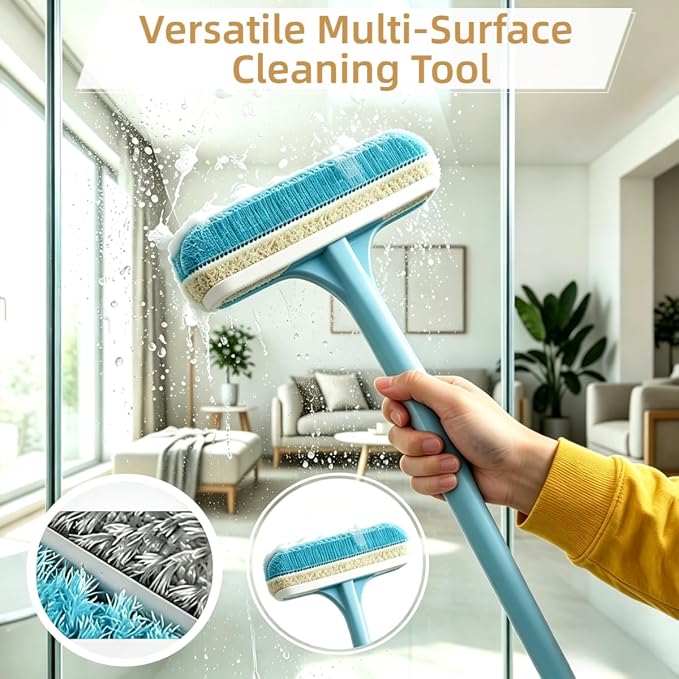 3-in-1 Window Screen Cleaning Brush with Squeegee, Mesh Screen Cleaner Tool with Detachable Handle, Dual-Purpose Wet & Dry Scrubber for Window, Patio, Door Screens (2 Pack – Lime Green + Blue)