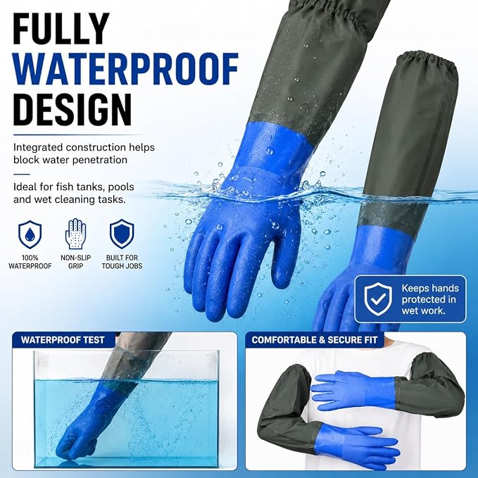 28 Inch Long Rubber Gloves, Heavy-Duty Waterproof PVC Work Gloves with Cotton Lining and Elastic Cuffs, Extended Arm Protection for Pond, Aquarium, Cleaning and Industrial Use, Blue, Large