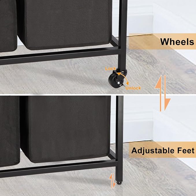 Laundry Hamper, Laundry Sorter 2 Section, Rolling Laundry Basket with Wheels, 2 Shelves, 2 × 14.5 Gal, Pull-Out and Removable Oxford Fabric Bags, for Laundry Room, Black and Rustic Brown