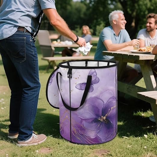 doginthehole Purple Flowers Collapsible Trash Can with Lid Aesthetic Marble Texture Trash Can Waterproof Portable 23 Gallon Waste Bin for Camping, Beach, Picnic, Patio Home Outdoor Decor