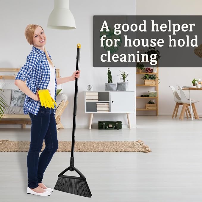 Heavy Duty Black Angle Broom with Long Handle - 4 Pack | Versatile indoor/outdoor sweeping, for courtyard/garage/sidewalk/kitchen/lobby/canteen, durable & efficient