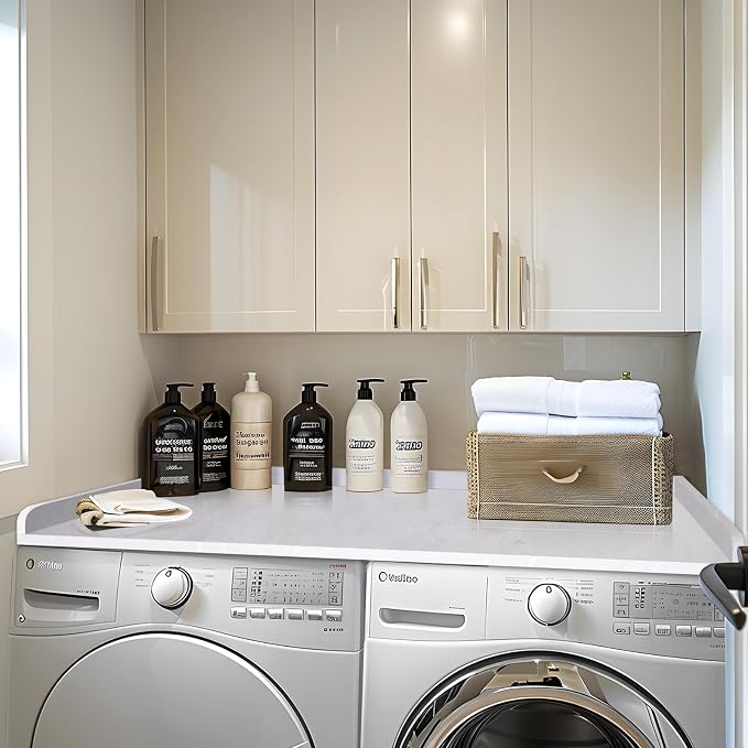 Washer Dryer Countertop, Melamine Countertop with Edge Rails - 27.5" Depth x 54" Width Laundry Room Organization, White Rock