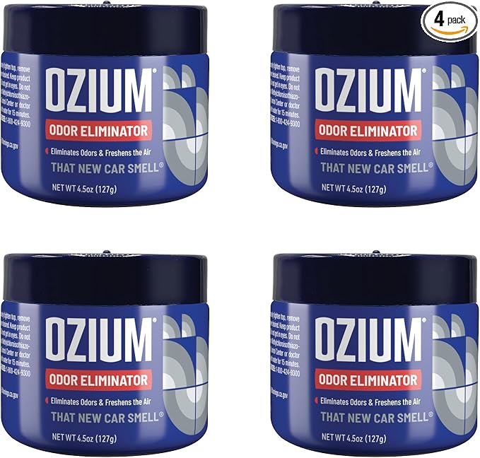 Ozium 4.5 Oz. Odor Eliminating Gel, Air Freshener Alternative | For Smoke, Pets, and Musty Odors, Long Lasting Odor Remover for Cars, Homes, Closets and Small Spaces, New Car Scent, 4 Pack