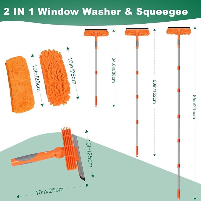 Window Cleaning Kit with 85” Extension Pole & 3 Gallon Collapsible Bucket | 2-in-1 Rotatable Window Cleaner Tool, 14" Squeegee & 15" Scrubber,Window Squeegee with Extension Pole，Window Washing Kit