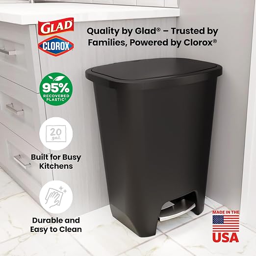 Glad Premium Trash Can with Clorox Odor Protection, 20 Gallon, Black | Plastic Kitchen Waste Bin | Hands Free with Stainless Steel Foot Pedal and Garbage Bag Rings