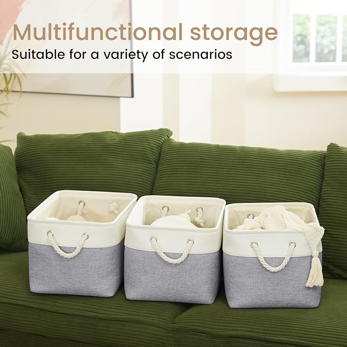 15x11x10 In Foldable Fabric Large Storage Bins with Handle 6 Pack | Organizer Baskets, Sturdy Metal Strand, Cardboard Support Molding, Storage Baskets for Shelves, Closet, Bedroom, White/Gray