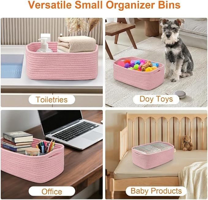 3Pack Small Woven Storage Baskets for Shelves Organizing | Cotton Rope Closet Organizer Bins, Basket for Gifts Empty, Nursery, Living room, Dog Toy Basket 13.2x8.2x5.2 in, Pink
