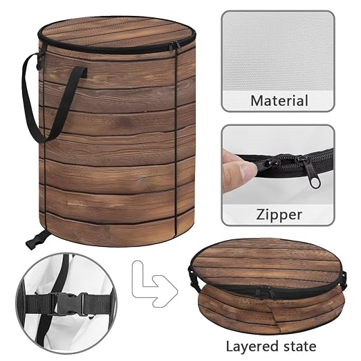 BIGCARJOB Wood Grain Collapsible Trash Can Portable Tall Trash Can Oval Recycling Bin 22.83x17.71 Outside Garbage Bin Storage Bag with Clip and Zipper Lid