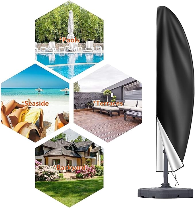 OKPOW Cantilever Patio Umbrella Cover: Fits 12-14 FT Outdoor Umbrellas | Easy Install with Rod & Long Zipper, Waterproof 420D Oxford Cover, Protects Offset Umbrella from Sun, Rain, Snow & Dust