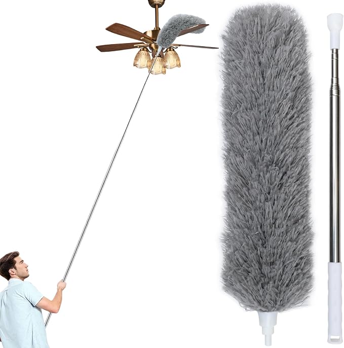 100" Extra-Long Microfiber Feather Duster, Extendable Pole Dusters, Telescoping Cobweb Duster for Cleaning, Bendable and Washable Microfiber Head, Cleaner for High Ceiling, Fan, Furniture