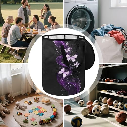 BIGCARJOB Bling Butterfly Collapsible Trash Can Camping Gargabe Bin Tall Trash Can Large Capacity Pop Up Garden Bag for Travelers Camper Trailer, 22.83x17.71 in
