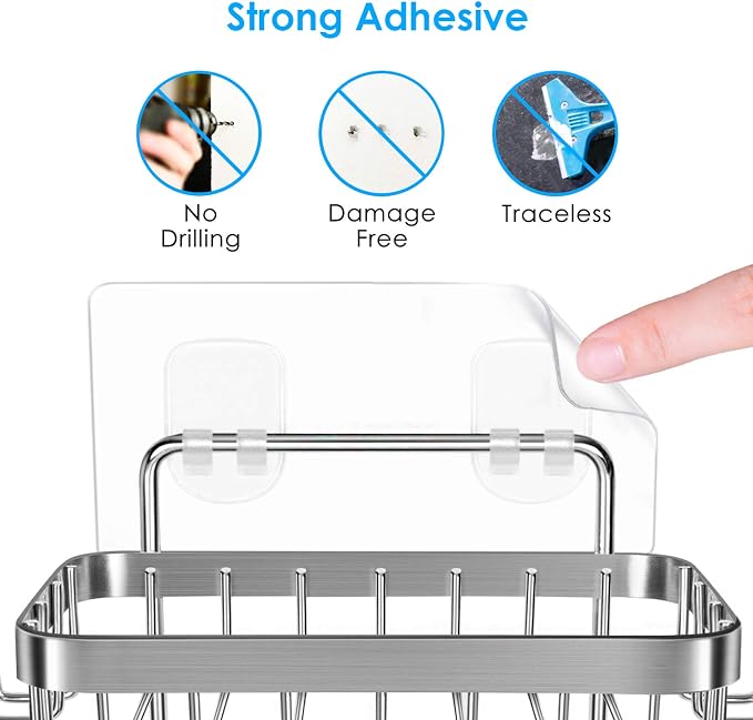ODesign Soap Holder for Shower Wall Stainless Steel with 6 Hooks -Silver | Loofah, sponge, and razor holder, adhesive wall-mounted, no drilling, removable for cleaning, for kitchens and bathrooms