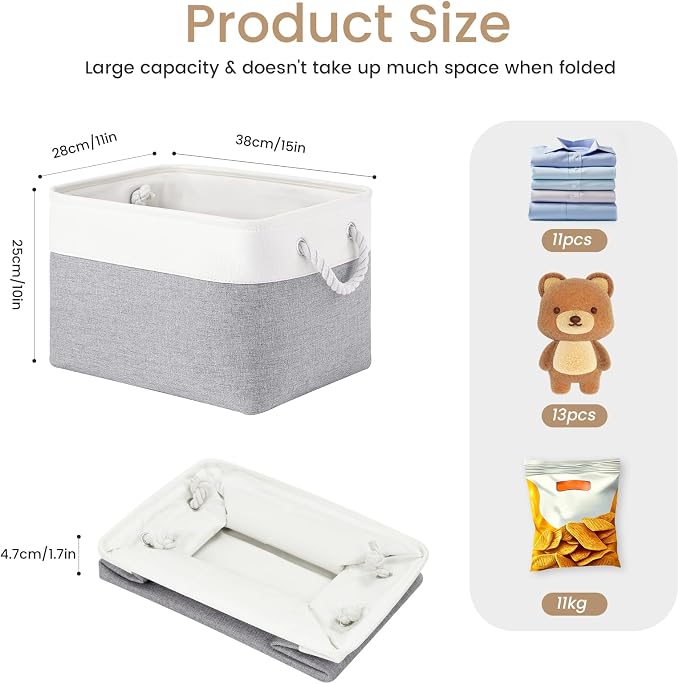 15x11x10 In Foldable Fabric Large Storage Bins with Handle 6 Pack | Organizer Baskets, Sturdy Metal Strand, Cardboard Support Molding, Storage Baskets for Shelves, Closet, Bedroom, White/Gray