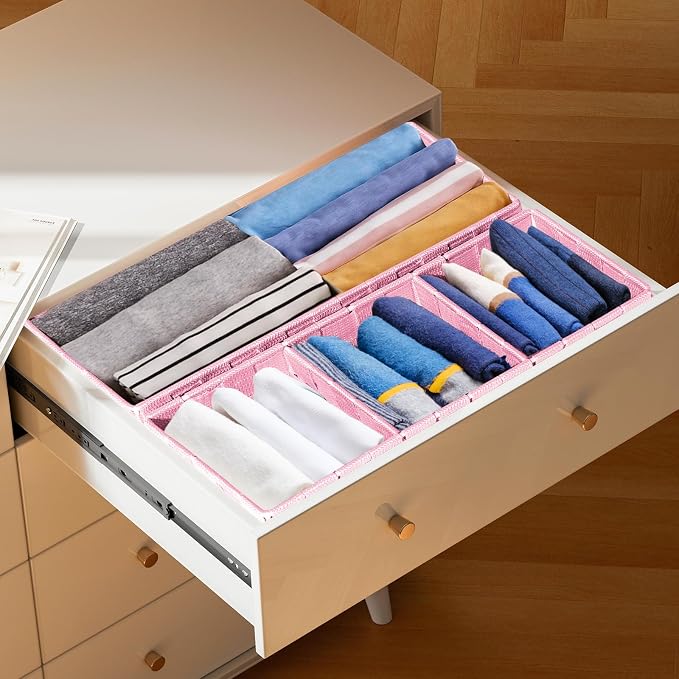 Set of 7 Nested Woven Cube Baskets, Drawer Organizers in Multi-sizes | Ribbon Checker Storage Bins for Organizing Desk, Dresser, Kitchen, Pantry