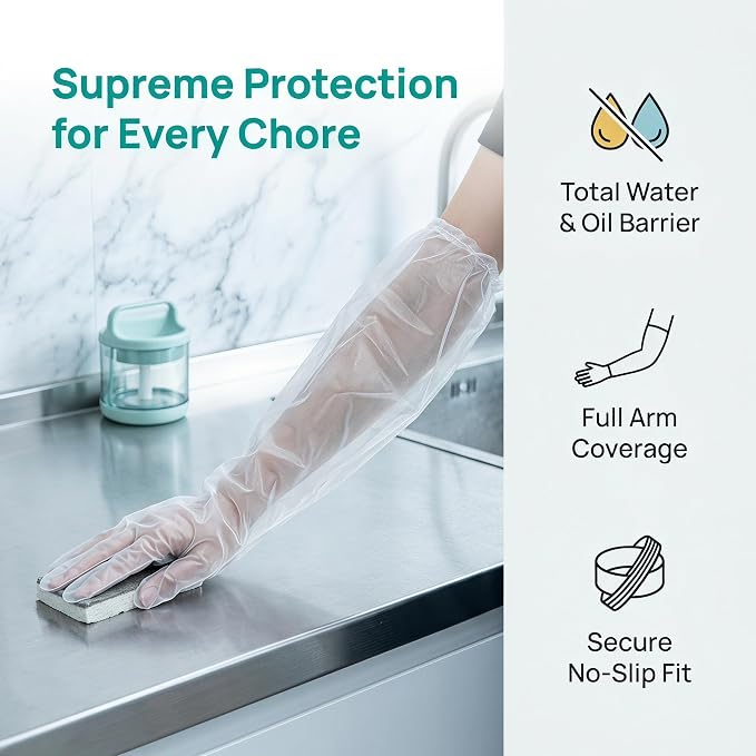 Baluue 15 Pairs Long Sleeve Cleaning Gloves with Elbow Length and Tight Cuff, Waterproof Cpe Material for Dishwashing and Wiping Glass, No Slipoff and Comprehensive Protection Gloves