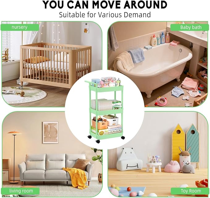Volnamal Diaper Caddy, 3 Tier Rolling Cart for Baby Essentials, Green | Movable & Easy Assemble Cart for Newborn Nursery Essentials, Diaper Storage Organizer for Changing Table&Crib, Baby Registry