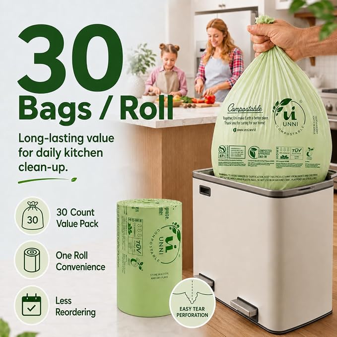 UNNI 20-23 Gallon Compostable Bags, 30 Count, 87 Liter, Extra Thick 1.0 Mil | Large Compost Bags for Commercial Kitchens & Food-Service Scrap Bins, BPI, CMA & OK compost HOME Certified, Meets ASTM D6400