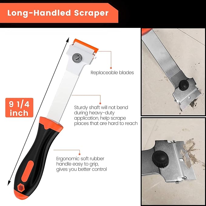 Razor Blade Scraper, Long Handled Scraper Tool with 10 Extra Replacement Blades, Razor Scraper Remover for Cleaning Sticker, Paint, Caulk from Window, Car, Glass, Windshield, Stove