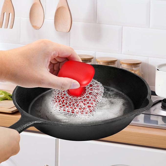Cast Iron Scrubber Dish Scrub Brush for Cast Iron Pan Skillet | 316 Cast Iron Cleaner, Chain Mail Scrubber Cast Iron, Dish Scouring Pad, Dishwasher Safe, Cleaning Kit, Red
