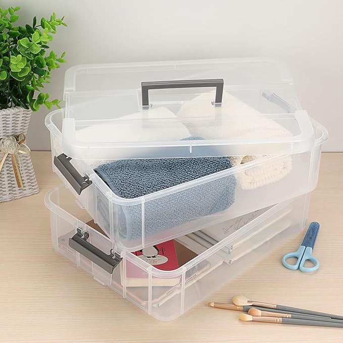BTSKY 2 Layer Stack & Carry Box, Plastic Multipurpose Portable Storage Container Box Handled Organizer Storage Box for Organizing Stationery, Sewing, Art Craft, Jewelry and Beauty Supplies Dark Grey | Multipurpose Craft Organizers and Storage for Organ...