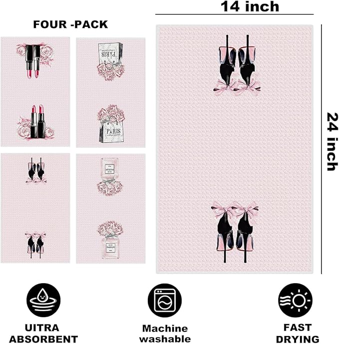 Hanamiya Na 4 Pcs Pink Hand Towels, Perfume Bow Decor Reusable Dish Towels | Fashion Gifts for Women Mom Girls Friend, Waffle Weave Microfiber Towels for Bathroom Home Decor 24x14 Inch