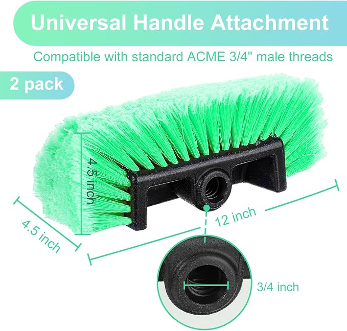 Tanlade 2 Pcs Car Wash Brush Heads Soft Bristle Flow Thru,12 Inch,Green | Replacement Heads for Exterior Cleaning, Compatible with Auto Truck RV Boat Camper, Gentle Bristles Protect Paint Finish