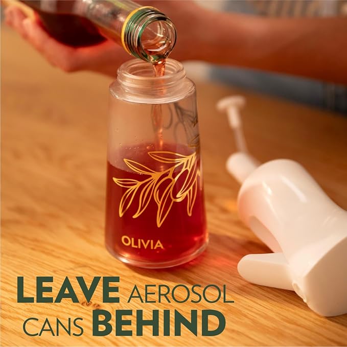 FLAIROSOL OLIVIA SIGNATURE Oil Sprayer, 200ml Glass, Golden Leaves | Portion control mist for air fryer, salad, BBQ, refillable & reusable, fine mist olive oil kitchen sprayer, anti-drip