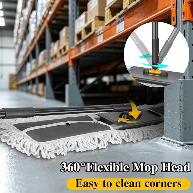 36” Commercial Dust Mop with 62” Adjustable Handle & 3 Reusable Pads | Large Heavy Duty Industrial Push Mops for Home,Hotel,Mall,Warehouse