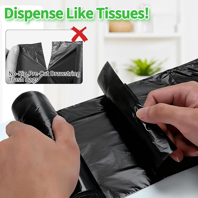 100 Count Small Drawstring Trash Bags for 5-Gallon Trash Cans, Thick Pre-separated Garbage Bags, Mini Wastebasket can Liners for Bathroom Bedroom Office(Black)