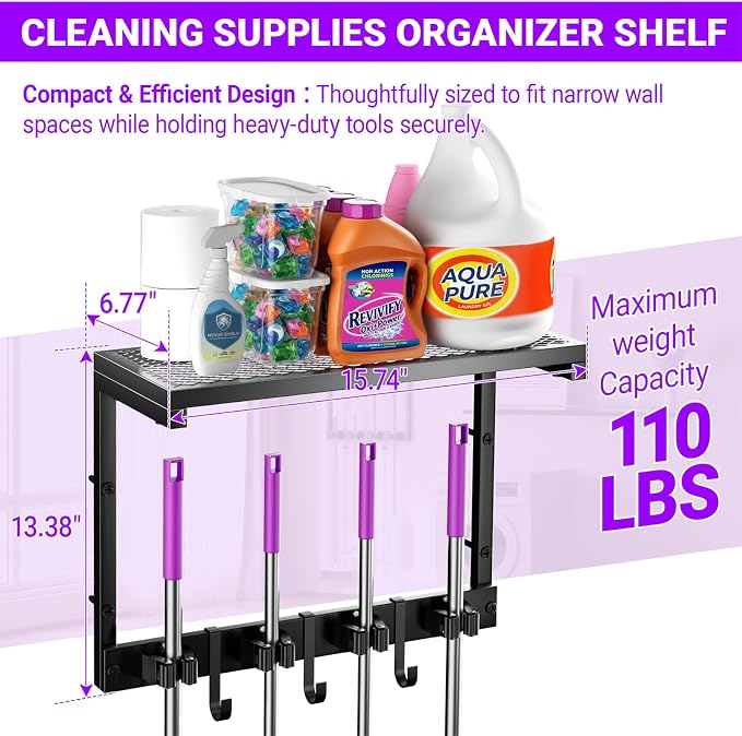 Heavy Duty Broom Holder Wall Mount, All-Metal Mop Rack with Storage Shelves | Space-Saving Cleaning Supply Organizer with Hooks Keeps Mops, Brooms and Tools Handy in Laundry Rooms, Garages and Kitchens