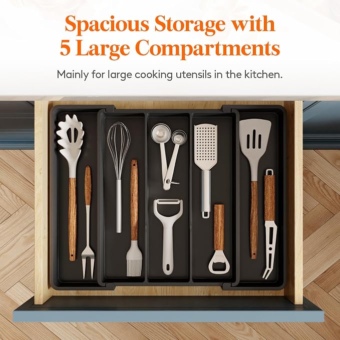 Lifewit Utensil Organizer for Kitchen Drawers, Expandable Utensil Tray | Adjustable Cooking Cutlery Silverware Flatware Holder, Plastic Spatula Tools Storage Divider, 11-18 x 14", Black