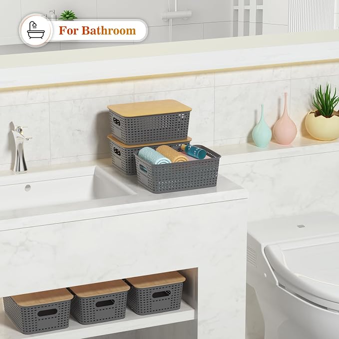Ohmlove 6 Pack Plastic Storage Baskets with Bamboo Lids for Organization | Stackable Storage bins, Storages Baskets for Organizing Shelves Drawers Desktop Closet Playroom Classroom Office,Gray