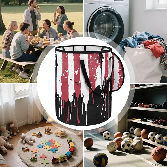 Retro American Flag Collapsible Trash Can 24 Gallon Foldable Garbage Bin with Lid, Heavy Duty Waterproof Trash Bag Holder for Outdoor Camping, RV, Picnic, Vintage Patriotic Design