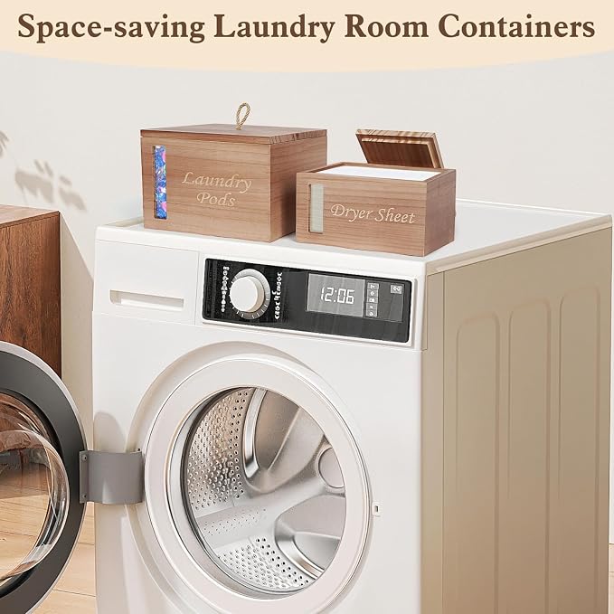 2 Pcs Laundry Pods Container & Dryer Sheet Holder with Window, Walnut Brown | Solid Pine Wood Laundry Organizer with Lid and Visible Window for Farmhouse Laundry Room Storage, Laundry Room Refresh