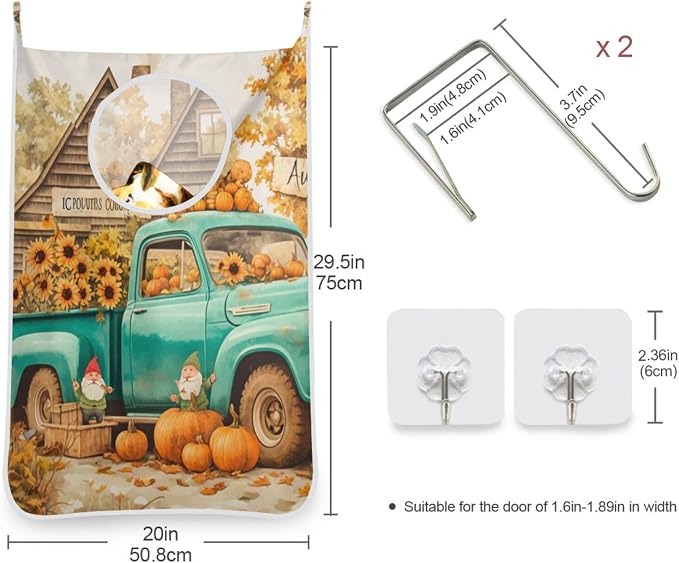 Thanksgiving Truck Pumpkin Orange Hanging Laundry Hamper Door Hampers Bag Basket with Stainless Steel Hooks Oxford Fabric Printing Decorative Clothes Bags 29.5X20inch 1Pack