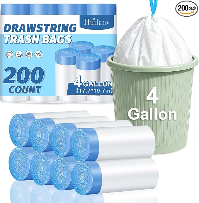 4 Gallon 200 Count Drawstring White Unscented Small Trash Bags | Leakproof Tear-Free Garbage Can Liners Fit 12-15L Bins for Bathroom Kitchen Office Car Daily Use