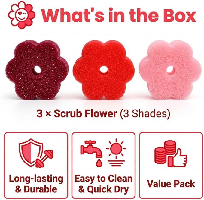 Scrub Flower Temperature Sensitive Sponges, Wild Poppy, 3 Count | Firm when cold and soft when warm, these odor-resistant scrubbers clean dishes, kitchen surfaces and more.