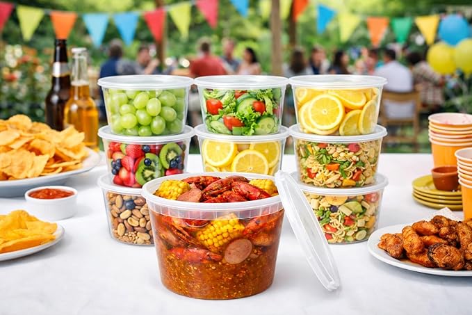 64 oz [6-Pack] BPA Free Microwavable Plastic Deli Containers with Lids | Leak-resistant, stackable and freezer-safe design keeps soups, leftovers and large portions fresh