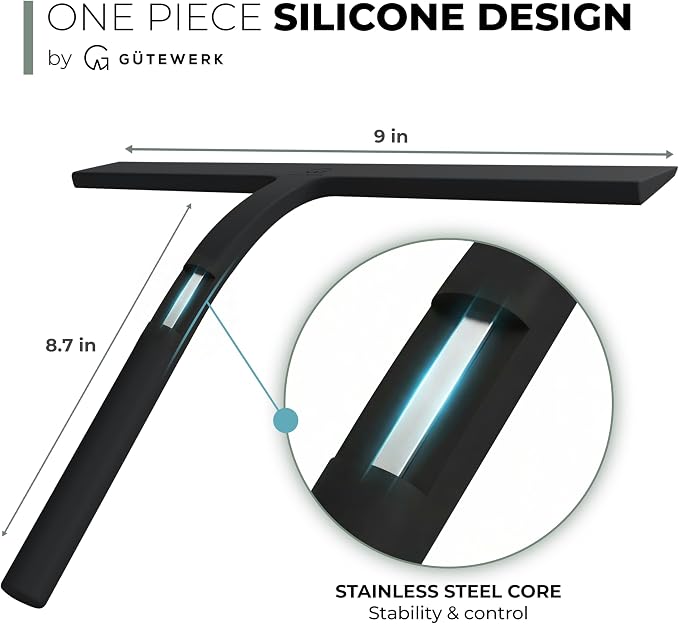 Silicone Shower Squeegee with 3-in-1 No-Drill Mount, Black, 15'' | Squeegee for Glass Doors & Mirrors with Stainless Steel Core, Streak-Free & No-Squeak Window Cleaning, Hook/Suction/Adhesive
