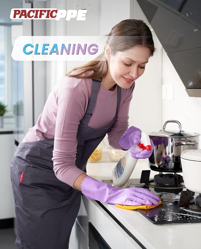 2 Pairs Cleaning Gloves, Cotton Liner, Purple+Blue, Large | Waterproof dishwashing gloves with non-slip grip, Latex-Free, flexible fit for kitchen, bathroom, laundry & cleaning